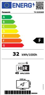 Europæisk energimærke for et Panasonic TX-32JS360E-tv, klasse F, forbrug 32 kWh/1000t og 45 kWh/1000t HDR
