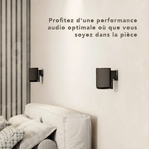 Norstone Mount roterende sort højttalerstativ til Sonos ERA 100 vægmonteret, set fra siden, hvid sofa nedenunder