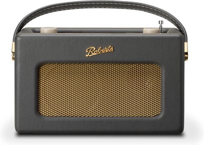 Roberts Revival iStream 3L -harmaa hiilivärinen pöytäradio nahkaimitaatiossa, etunäkymä jossa näkyy kultainen metallinen kaiutinritilä, kaareva kahva ja vaaleat pyörivät säätönapit yläosassa
