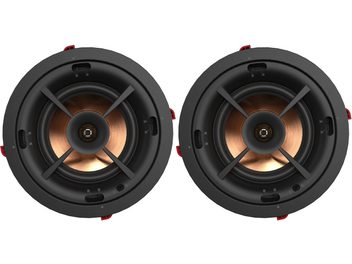 Sæt med 2 Klipsch PRO-160-RPC sorte indbygningsloftshøjttalere med kobbermembraner, set forfra