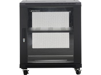 Norstone Pro Rack 12U must kast arvutiseadmete jaoks, perforeeritud esipaneeli, lukuga, rataste ja nähtava sisemise riiuliga