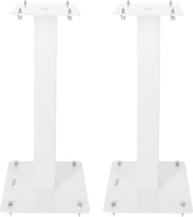 Enova HIFI MAJESTY 50 WH, dwa białe stojaki na głośniki, widok z przodu, kwadratowe podstawy, pionowe słupki, metalowe kolce
