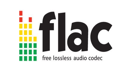 Logo "flac" med teksten "free lossless audio codec" i sort og hvid på hvid baggrund, grafik med farvede bjælker til venstre