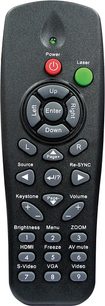 Sort Optoma fjernbetjening med 28 knapper, herunder power, laser, zoom, menu, frys, lydstyrke, lysstyrke og numeriske knapper