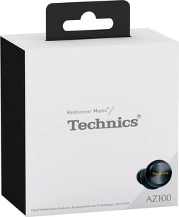 Bezprzewodowe słuchawki hi-fi Bluetooth Technics EAH-AZ100E czarne, prostokątne białe pudełko z szarym i czarnym tekstem, widoczna czarna słuchawka
