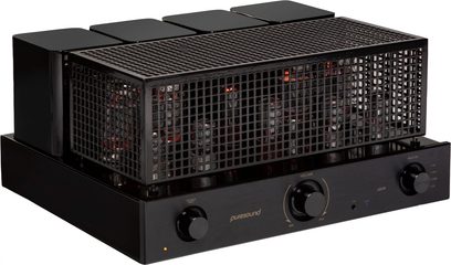 Puresound A30-R black tube hi-fi amplifier, front view, 4 visible tubes, metal grille, front-facing knobs and inputs