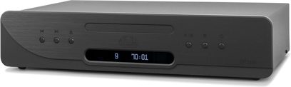 Atoll Electronique DR200 Evolution -CD-soitin, musta, edestä katsottuna, suorakulmainen kotelo, keskellä digitaalinen näyttö, pyöreät painikkeet vasemmalla ja oikealla, levykelkka näytön yläpuolella