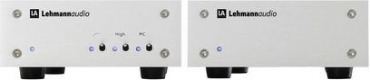 Preamplificatore fonico Lehmann Audio Decade argento, vista frontale, due esemplari affiancati, facciate con pulsanti e prese