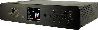 Atoll Electronique SDA100 alt-i-ét sort højttalersystem set forfra, farvedisplay, knapper og tilslutninger