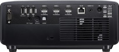 Sort Optoma UHZ58LV-projektor i plast, bagfra, 3 HDMI, USB, RJ-45, audio, S/PDIF, stor grill/grille