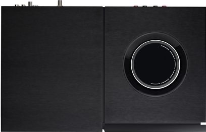 Naim Audio Uniti Star sort, alt-i-en højfedel "alt-i-en" system, set forfra, sort højttaler med rund, kromet frontpanel
