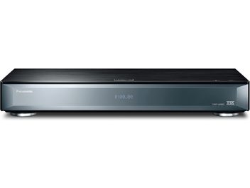 Panasonic DMP-UB900 sort 4K Blu-ray-afspiller, frontvisning, blåt digitalt display "0:00.00", blank frontpanel