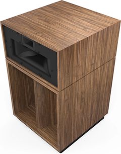 Sloupcový reproduktor Klipsch La Scala AL6 v ořechovém provedení, pohled ze šikmého úhlu s dřevěným ořechovým povrchem, černým předním panelem a akustickými otvory