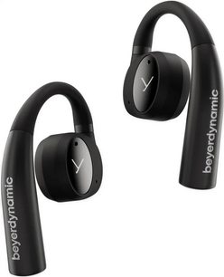 Auriculares intra-auriculares Beyerdynamic VERIO 200, preto, vista frontal, 2 fones, forma curva, logotipo visível, fundo branco