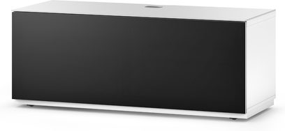 Sonorous Studio STA110T-WHT-BLK TV-møbel, hvid og sort, set forfra, med sort skydedør og hvid indvendig hylde