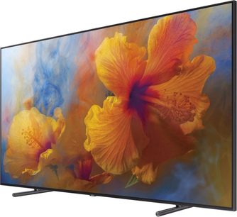 Samsung QE88Q9F teler, millel on kujutatud lainetavate õielehekestega oranž lill uduse sinise ja kollase taustaga