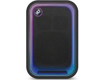 Přenosný Bluetooth reproduktor Sony ULT TOWER 5 černý, pohled zepředu, s mřížkou osvětlenou fialovo-modrým přechodem