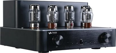Amplificatore integrato stereo a valvole (tubi) Taga Harmony TTA-1000BT, vista di 3/4 frontale, 4 tubi sulla parte superiore, 2 manopole sul frontale