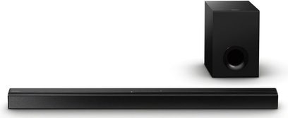 Sony HT-CT80 soundbar i sort, rektangulær og aflang, med sort kubisk subwoofer, set forfra på hvid baggrund