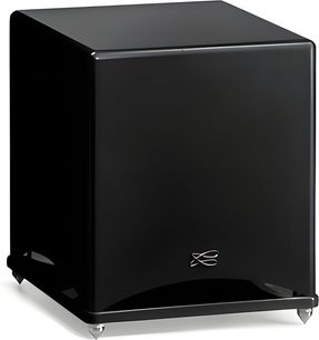 Cabasse Santorin 30-200M subwoofer i mat sort, kubisk kabinet med glat finish og let afrundede kanter, diskret metal-logo nederst på fronten og fire små sølvfarvede koniske fødder, set fra trekvart forfra