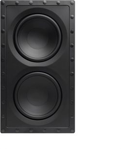 Caixa de subwoofer embutida DCS-208FR3, vista frontal, 2 alto-falantes circulares pretos, moldura retangular com rebites