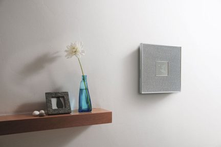 Gråt vægtermostat, blå og grøn vase med hvid blomst, grå fotoramme på træhylde mod hvid væg
