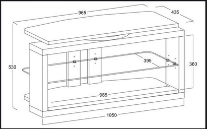 Lyst træmøbel til TV med 2 døre, 2 hylder og 1 central niche, set forfra med mål i mm, 1050 x 435 x 530