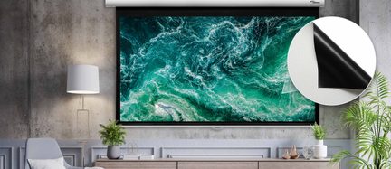 Optoma motorized projection screen with white canvas, black border, and black backing, front view in a living room