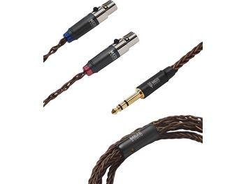 Meze Audio aukščiausios kokybės varinis PCUHD garso kabelis: pintas rudos spalvos varinis mini XLR į 6,3 mm Jack, matiniai juodi mini XLR jungtys su raudonais ir mėlynais žymekliais bei paauksuotu 6,3 mm Jack kištuku, vaizdas iš viršaus
