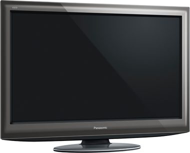 Panasonic Viera TX-L37D25E Flachbild-Fernseher, schwarzer ausgeschalteter Bildschirm, Frontansicht, auf grauem Hintergrund