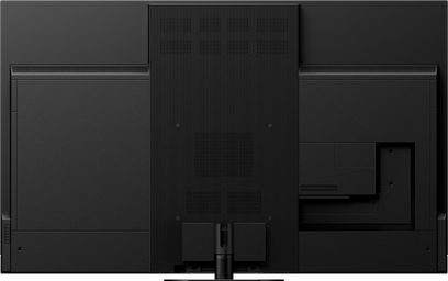 Panasonic TX-65LZ2000E-tv, set forfra, sort skærm, smal mat sort ramme, sorte fødder, stik og porte på bagsiden