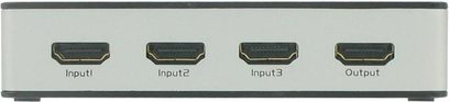 Przełącznik HDMI Connect Research CBH3001 3 do 1 w kolorze metalicznej szarości, 3 porty wejściowe i 1 port wyjściowy, widok z przodu