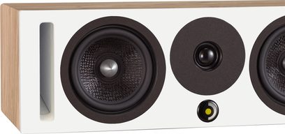 Coluna central Davis Acoustics Krypton C Nordik branca, vista frontal, 2 altifalantes circulares, 1 tweeter central, porta bass reflex vertical à esquerda