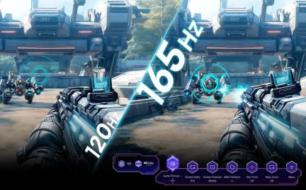 Gaming-skærm 165 Hz sammenlignet med 120 Hz i et futuristisk skydespil set fra delt FPS-synsvinkel