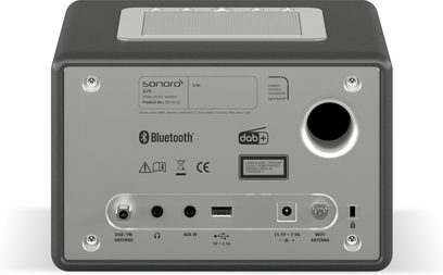 FM- oder Internet-Digitalradio Sonoro Elite mattgraphit - silber Rückansicht mit Anschlüssen, Logos und Beschriftungen