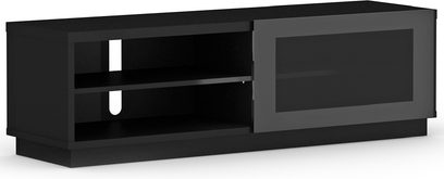 Mat sort TV-møbel med 2 glaslåger, 2 nicher og 1 skuffe, i aflang rektangulær form, set forfra