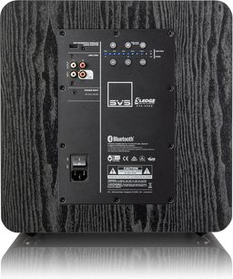 SVS SB-2000 Pro black ash subwoofer, rear view showing connections and controls, front view on dark wood background