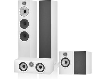 Paket mit Bowers & Wilkins 603 S3 Standlautsprechern in Weiß, 3 Frontlautsprecher und 2 Surroundlautsprecher, Frontansicht