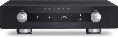 Ampli hi-fi stereo Primare I35 černý, pohled zepředu, 2 stříbrné otočné knoflíky, bílý LED displej, matná černá přední strana