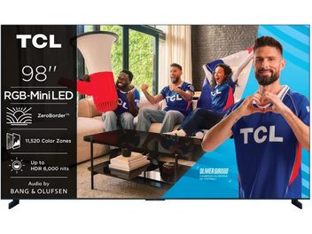 Τηλεόραση TCL 98RM9L 98 ιντσών με επίπεδη μαύρη οθόνη, προωθητικό οπτικό με υποστηρικτές με μπλε φανέλα TCL