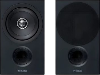 Par svarta Technics SB-C600E-K stativhögtalare, med och utan cirkulärt frontgaller