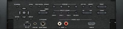 Yamaha RX-A3070 sort frontpanel med knapper, audio-/videotilslutninger, display, multiroom-zoner og indstillinger