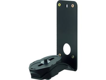 Suport de perete pentru boxe Q Acoustics WB50 negru, placă murală rectangulară din metal cu finisaj mat, prevăzută cu orificii de fixare și canal pentru cabluri, braț pivotant inferior din plastic cu șurub central de montare, vedere din unghi de trei sferturi