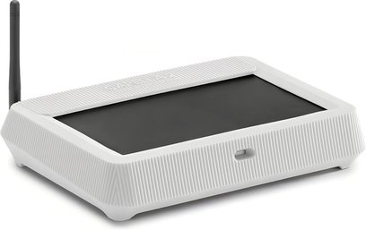 Witte Wi-Fi-router met zwarte antenne, geribbelde behuizing en zwarte bovenkant, driekwartaanzicht