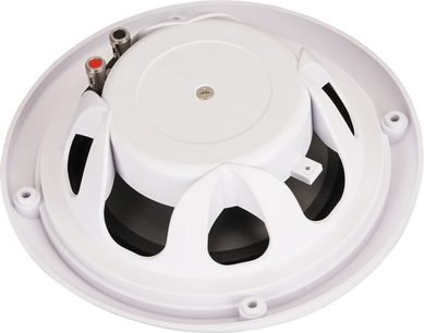 Inbouwplafondluidspreker ArtSound MDC64.2 wit, achteraanzicht met zichtbare rood en zwart gemarkeerde aansluitklemmen