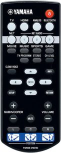 Sort Yamaha FSR85 ZP80780 fjernbetjening med knapper til TV, HDMI, analog, Bluetooth, NET-radio, musik, sport, spil
