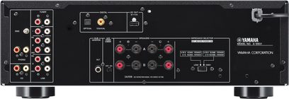 Yamaha A-S501 sølvfarvet stereo hi-fi-forstærker, frontpanel, forfra. Sort frontpanel med sølvfarvede knapper og lydstik
