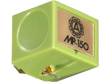 Nagaoka JN-P150 light green diamond in a cubic plastic case with a gold front plate engraved MP-150 and visible metal cantilever, close-up three-quarter view
