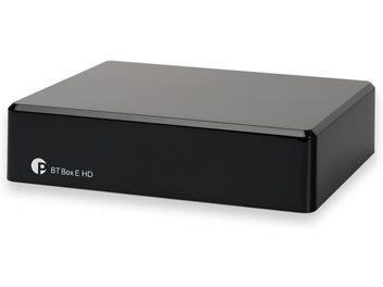 Pro-Ject BT Box E HD wireless transmitter in black, compact rectangular casing, smooth surface, logo and text in white on the front panel.