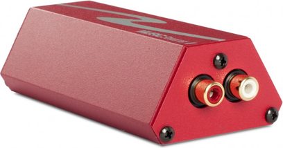 Audio převodník DAC HRT Music Streamer II červený, obdélníkové hliníkové pouzdro, 3 pozlacené RCA konektory na přední straně